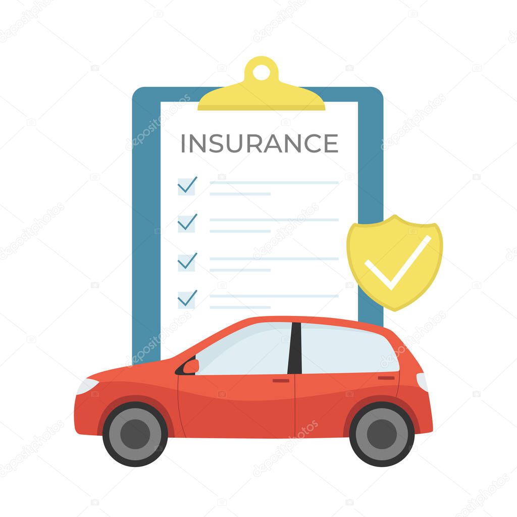 Car insurence. Insurance document, car and shield. Flat cartoon style. Isolated vector illustration