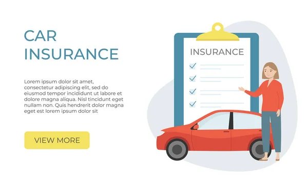 Car Insurence Landing Page Insurance Document Car Woman Flat Cartoon — Stock Vector