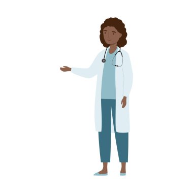 Tıp ve sağlık hizmetleri kavramı. Steteskoplu genç bayan doktor smth 'i gösteriyor, gösteriyor, işaret ediyor.