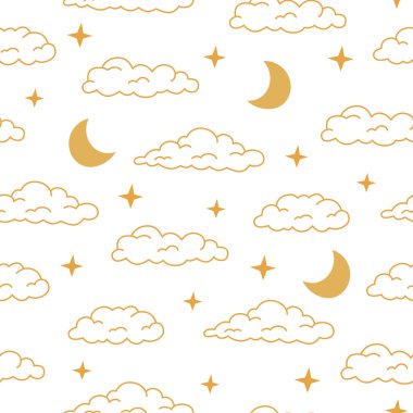 Çizgi çizgisi, ay ve yıldız desenli kusursuz Boho gökyüzü deseni. Sarı renkli evren yüzey tasarımı