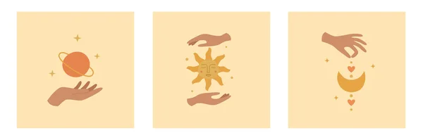 Zestaw Mistycznych Logo Kobiecymi Rękami Słońcem Planetą Księżycem Szablon Projektowania — Wektor stockowy