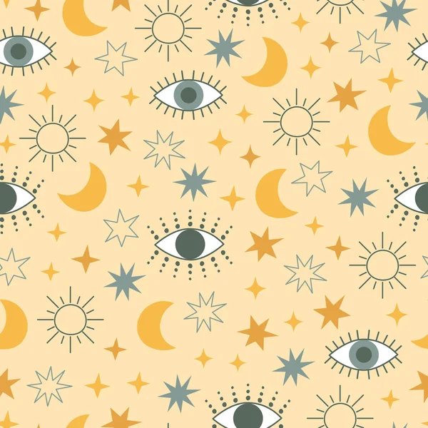 邪恶的眼睛与星星 月亮和太阳天衣无缝 黄色和蓝色的宇宙表面设计 — 图库矢量图片