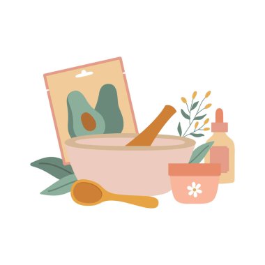 Doğal organik kozmetik ürünler konsepti. Yüz kremi, çarşaf maskesi, pounder ve yapraklar. El yapımı kozmetik. İzole vektör illüstrasyonu