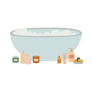 Küvet ve doğal organik kozmetik ürünler. Losyon, tüp, fırça ve mumlar. İzole vektör illüstrasyonu 