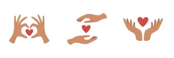 Uppsättning Händer Som Håller Hjärtan Kärlek Omsorg Och Empati Koncept — Stock vektor