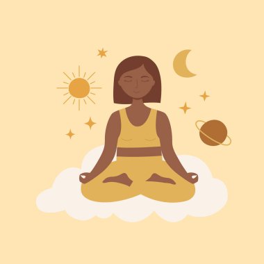 Genç bir kadın bağdaş kurup meditasyon yapıyor. Zen, uyum kavramları