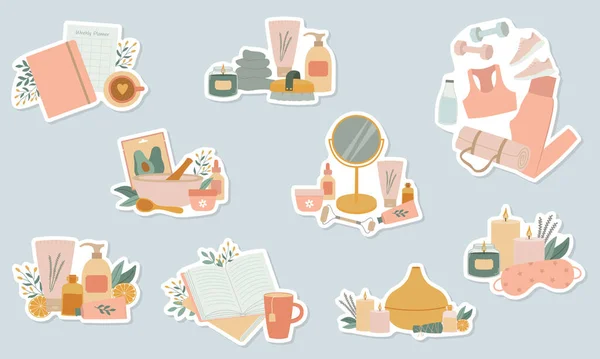 Stock vector Self care elements stickers set. Cosmetic products and tools, sport equipment, books and diary. Isolated vector illustration 