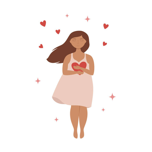 Young woman with closed eyes hugs herself and hearts. Mental health, zen, harmony concepts. Body positive, self care, love yourself.