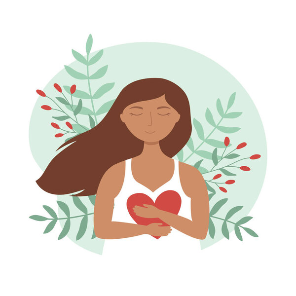 Young woman with closed eyes hugs herself. Mental health, zen, harmony concepts. Body positive, self care, love yourself. Isolated vector illustration
