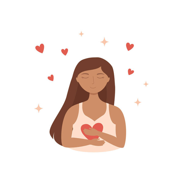 Young woman with closed eyes hugs herself and hearts. Mental health, zen, harmony concepts. Body positive, self care, love yourself. Isolated vector illustration