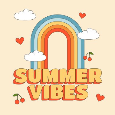 Havalı hippi meydanı posteri. Yaz titreşimleri gökkuşağı, bulutlar, kalpler ve kirazlarla dolu. Vektör illüstrasyonu