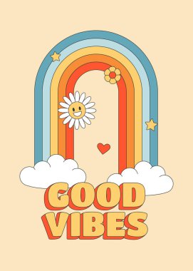 Havalı hippi posteri. İyi titreşimler gökkuşağı, bulutlar, çiçekler ve yıldızlarla dolu. Vektör illüstrasyonu