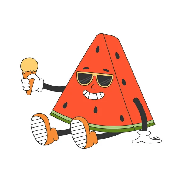 Niedliche Wassermelonenscheibe Y2K Groovy Style Zeichentrickfigur Mit Sonnenbrille Sitzt Und — Stockvektor