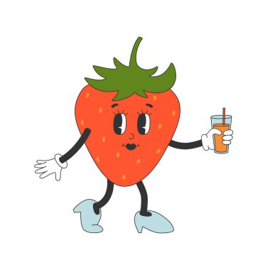 Y2k tarzı tatlı çilek karakteri. Çizgi film karakteri bir bardak limonata tutuyor. İzole vektör illüstrasyonu. 