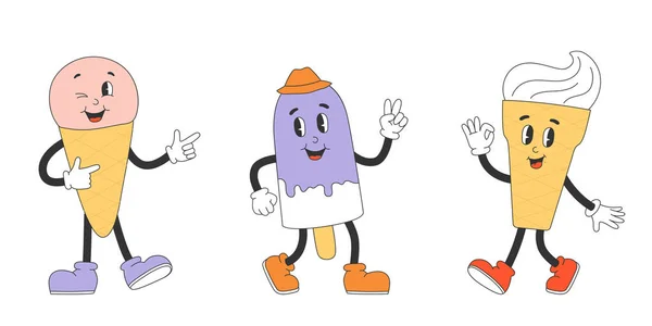 Set Von Niedlichen Eis Charaktere Y2K Groovy Style Zeichentrickfiguren Kollektion — Stockvektor