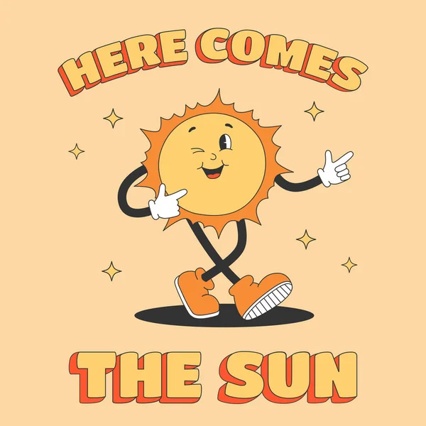 Y2Kのグルービースタイルでかわいい太陽の文字とスクエアポスター ここでは トレンディーなレトロなスタイルで太陽のテキストと漫画のキャラクターが来る ロイヤリティフリーのストックイラスト