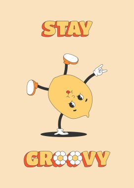 Y2k moda tarzında şirin limon karakterli poster şablonu. Moda modası geçmiş metin ve çizgi film karakterini koru.