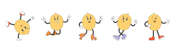 Set Von Niedlichen Zitronenfiguren Y2K Groovy Style Sammlung Von Comicfiguren — Stockvektor