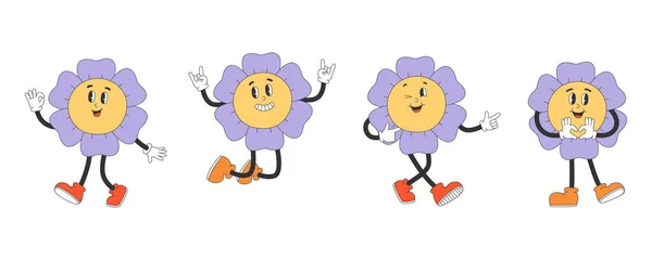 Set Von Niedlichen Blumen Zeichen Y2K Groovy Style Zeichentrickfiguren Kollektion — Stockvektor