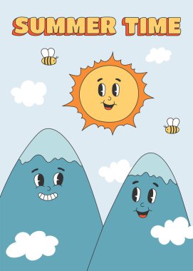 Şirin güneş ve dağ karakterleri olan harika bir poster. Yaz Zamanı metni ve çizgi film karakterleri son moda y2k retro tarzında. Vektör illüstrasyonu