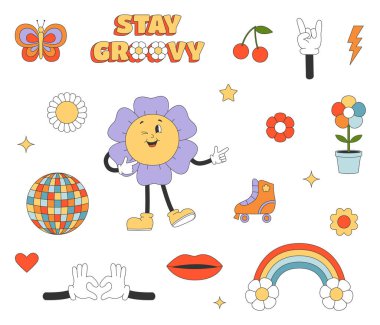 Y-2-K tarzı çizgi film elemanları. Çiçekler, patenler, dudaklar, gökkuşağı. Çıkartma paketi modaya uygun geçmişe dönük. İzole vektör illüstrasyonu. 