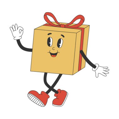 Havalı hippi hediye kutusu karakteri. Noel ve diğer tatil tasarımları için modaya uygun modaya uygun retro tarzı çizgi film karakteri