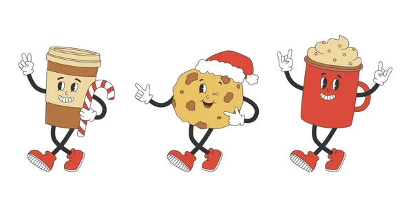 Y2Kグルービースタイルのキュートなクッキーとコーヒーキャラクターのセット クリスマスデザインのトレンディなレトロスタイルの漫画のキャラクター ベクターグラフィックス