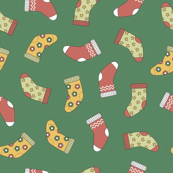Groovy Christmas Seamless Pattern Socks Trendy Retro Cartoon Style Background — Stock Vector