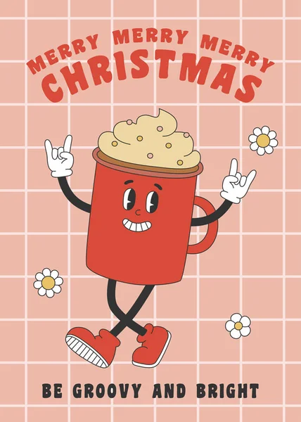 グルービーレトロスタイルの赤いカップでグリーティングカード メリークリスマスとハッピーニューイヤーグリーティングカード ポスター パーティー招待のテンプレート ベクトルイラスト ロイヤリティフリーストックベクター