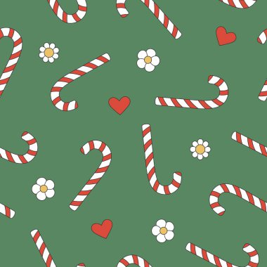 Yeşil arka planda şeker kamışı olan mükemmel bir Noel deseni. Paket kağıdı, davetiye, tebrik kartı, tekstil için geçmişe dönüş. Vektör illüstrasyonu