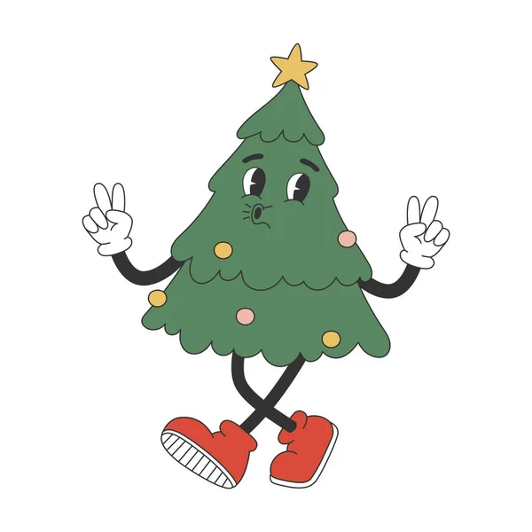 Groovy Hippie Árbol Navidad Personaje Dibujos Animados Estilo Retro Moda — Archivo Imágenes Vectoriales
