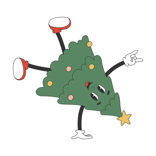 Groovy Hippie Árbol Navidad Pie Mano Personaje Dibujos Animados Estilo — Vector de stock