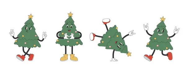 Conjunto Personajes Hippies Del Árbol Navidad Groovy Personajes Mascota Dibujos — Archivo Imágenes Vectoriales