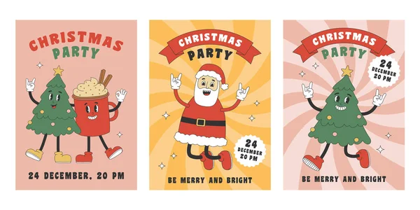 グルービーヒッピーのクリスマスキャラクターとクリスマスパーティーポスターのセット パーティー招待状 ポスター バナー グリーティングカードのテンプレート ベクトルイラスト ストックイラスト