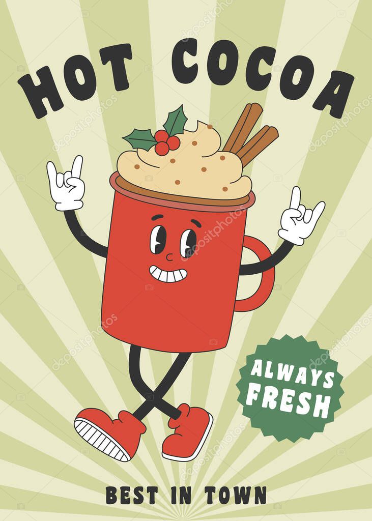 Christmas poster with cute red cup character in groovy style. Template for poster, banner, flyer menu design in trendy retro style. Vector illustration