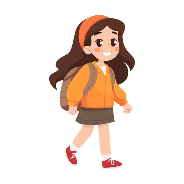 Mädchen Mit Rucksack Auf Dem Schulweg Schüler Zeichentrickfigur Zurück Zum — Stockvektor
