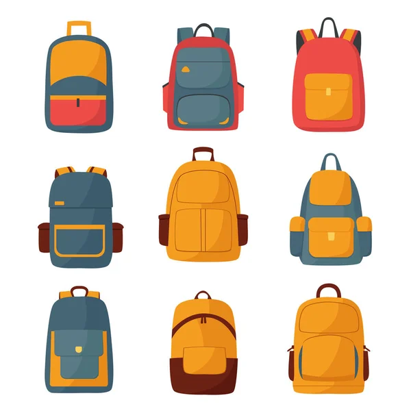 Σετ Σχολικών Σακιδίων Σχολικές Τσάντες Front View Ταξιδιωτικές Τσάντες Καρτούν — Διανυσματικό Αρχείο