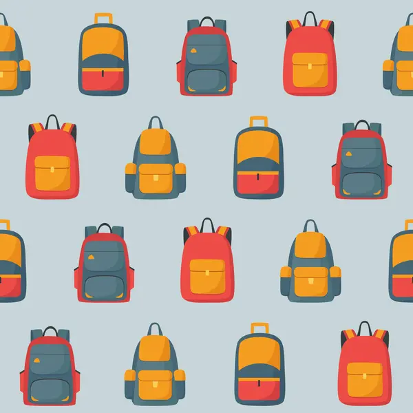スクールバックパックのシームレスなパターン 漫画のフラットスタイルの学校バッグ 青い背景にカラフルな旅行バッグ — ストックベクタ