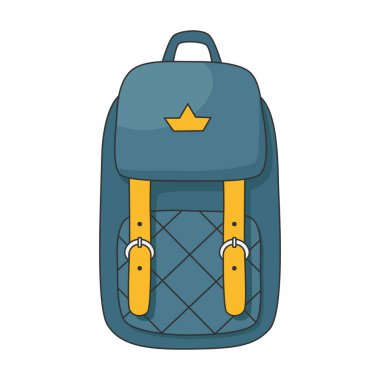 Cartoon backpack, travel bag. Front view blue school bag. Isolated vector illustration clipart