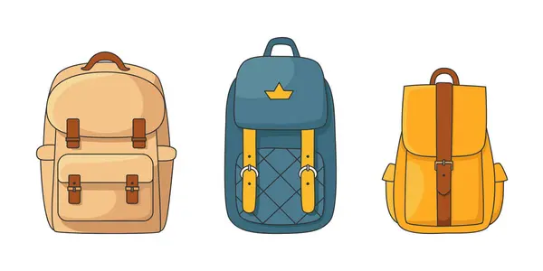 一套卡通背包 旅行袋 前面是彩色的书包 孤立的矢量说明 — 图库矢量图片