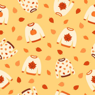 Seamless pattern with cute autumn sweaters and leaves. Pullovers with leaves and pumpkins on yellow background. Cartoon flat style. Vector illustration