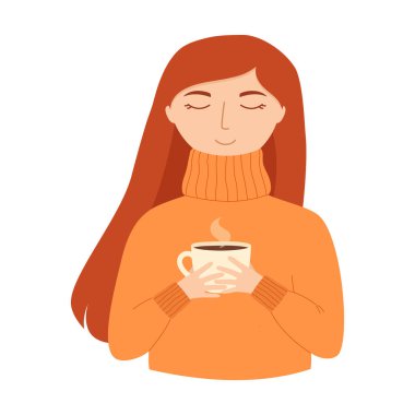 Sıcak ve rahat örülü kazaklı kız elinde çay ya da kahve tutuyor. Kartvizit, poster, afiş ve afiş için düz çizgi film karakteri. İzole vektör illüstrasyonu 