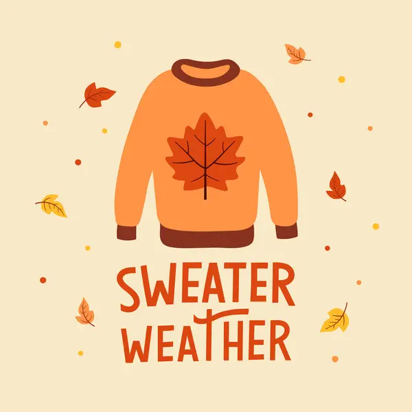 Autumn Poster Knitted Sweater Falling Leaves Hand Written Text Sweater — Stock Vector