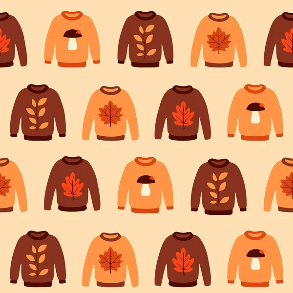 Seamless Pattern Cute Autumn Sweaters Brown Orange Pullovers Beige Background — Stock Vector