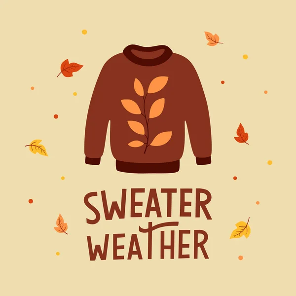 Cartaz Outono Com Suéter Malha Folhas Caindo Texto Escrito Mão — Vetor de Stock
