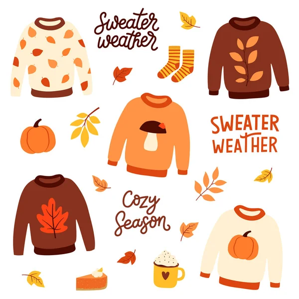 秋の可愛いセーターと葉とレタリングのセット 居心地の良いプルオーバー ジャージー 暖かい服 カートゥーンフラットスタイル 隔離ベクトルイラスト ロイヤリティフリーストックベクター