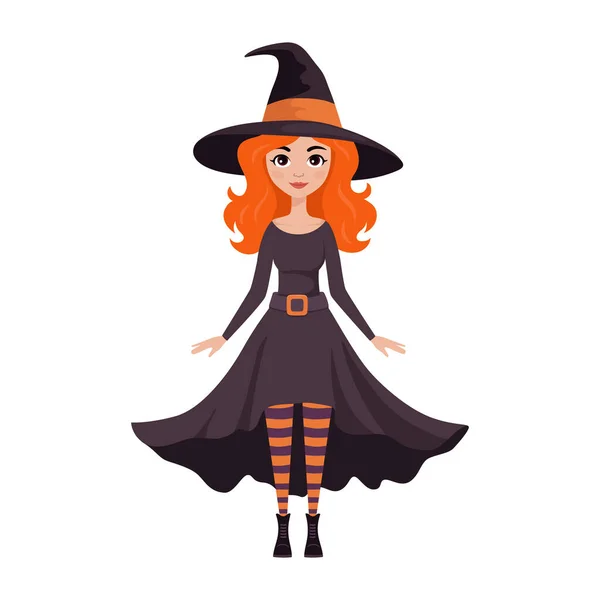 Şapkalı Kızıl Saçlı Sevimli Bir Cadı Cadılar Bayramı Tasarımı Için — Stok Vektör
