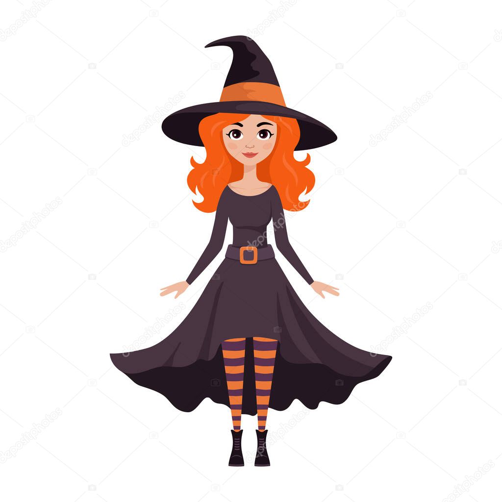 Cute witch with red hair in hat. Cartoon character for Halloween design. Isolated vector illustration