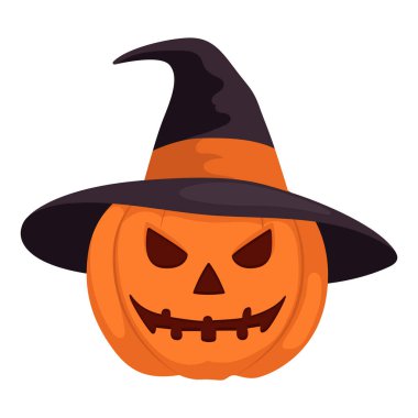 Cadılar Bayramı, cadı şapkalı balkabağı gülümsemesi. Sonbahar dekoratif tasarımı için şablon. Çizgi film düz stili. İzole vektör illüstrasyonu 