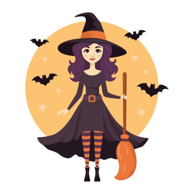 Süpürge tutan şapkalı sevimli cadı. Cadılar Bayramı tasarımı için çizgi film karakteri. İzole vektör illüstrasyonu 